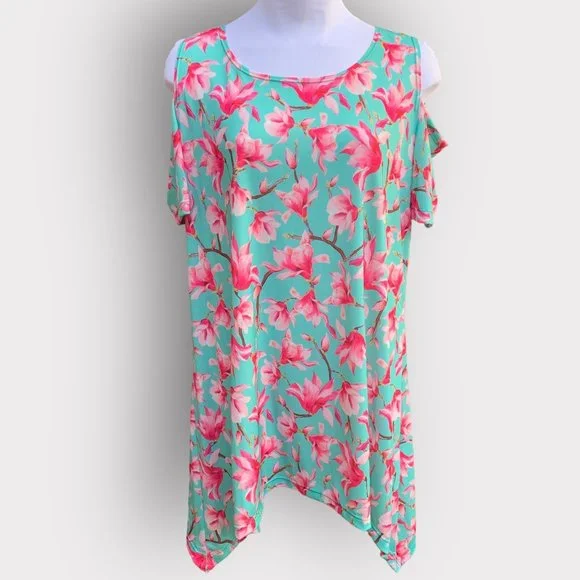 LBISSE Women's Cold Shoulder Floral Blouse Aqua Pink XL NEW - Picture 2 of 6
